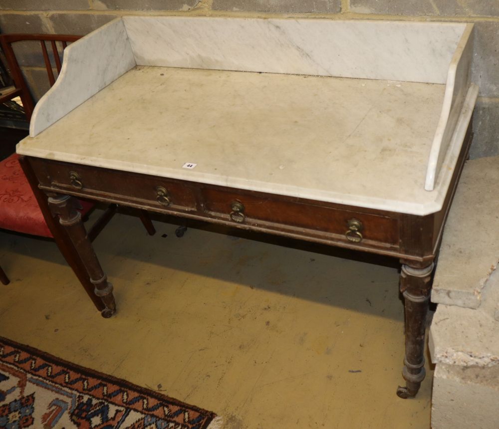 A Victorian marble top pine washstand, W.120cm, D.60cm, H.90cm